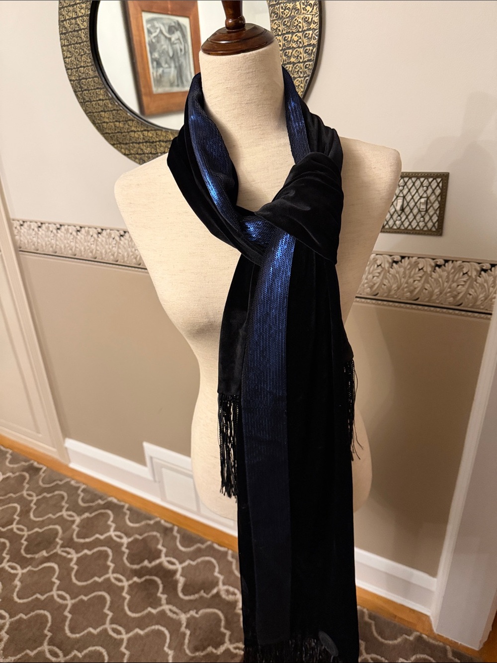 DKNY Black and Blue sequin wide stripe throughout Velvet Scarf like new